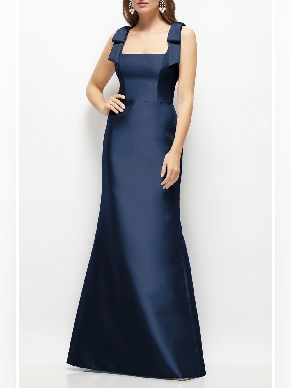 NEW Alfred Sung D868 Navy Blue Bow Strap Satin Trumpet Gown, Size 8